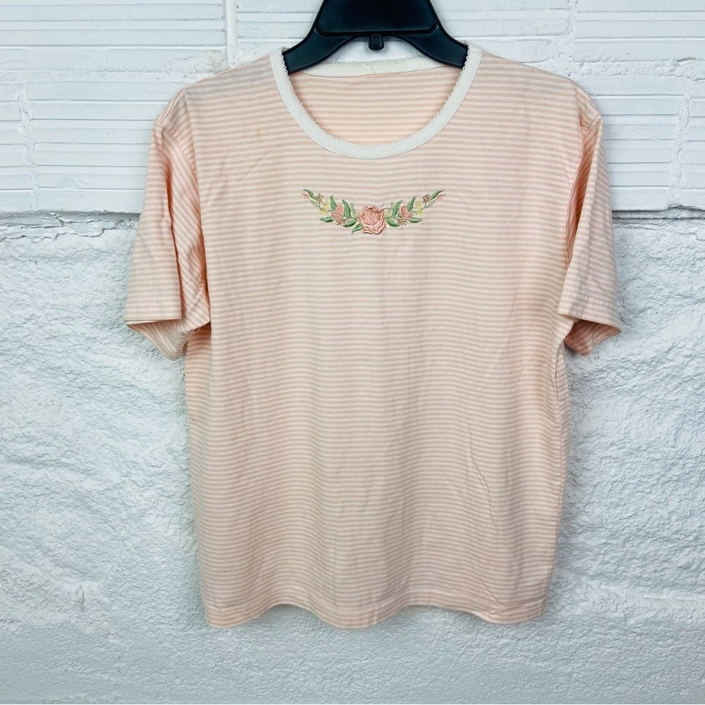 Unbranded cottage core Striped Peach T-Shirt with Floral Embroidery size XL - Picture 3 of 9